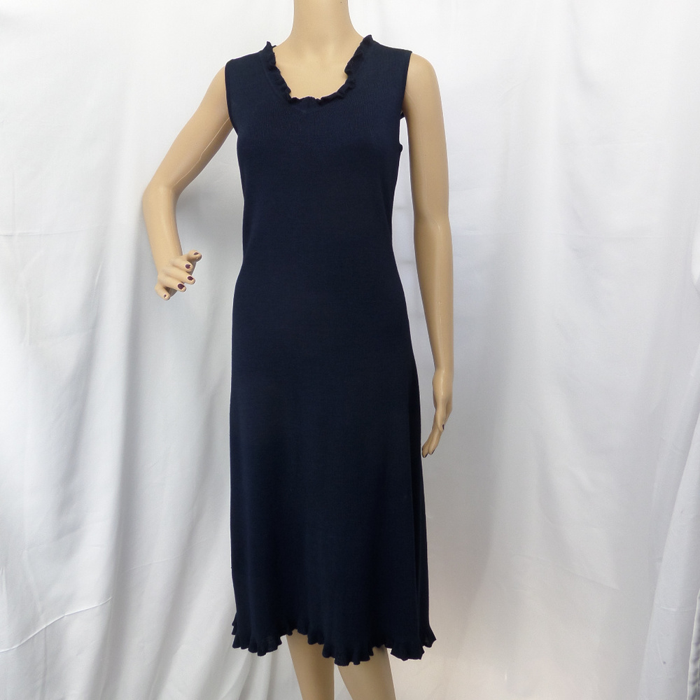 SILK ASSETS  BLUE RUFFLED V-NECK MIDI VINTAGE KIT 100% SILK DRESS SIZE:  M